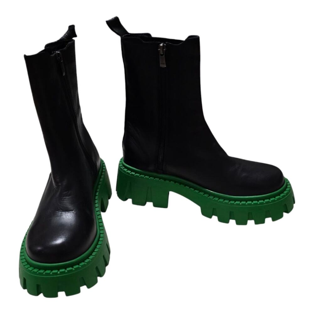 Steve Madden Charges Black Green Sole Leather Zip Up‎ Chunky Boots size 7 New - Picture 9 of 14